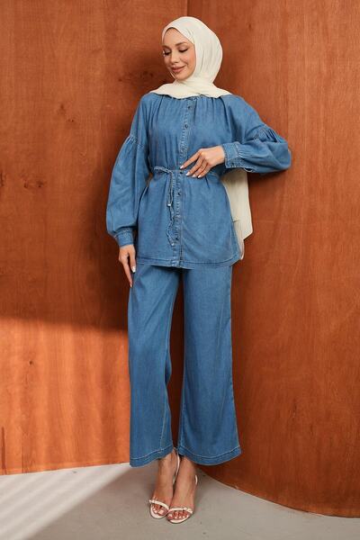 İmajButik Σετ τζιν Tencel με μπλε μπαλόνι μανίκια και παντελόνι