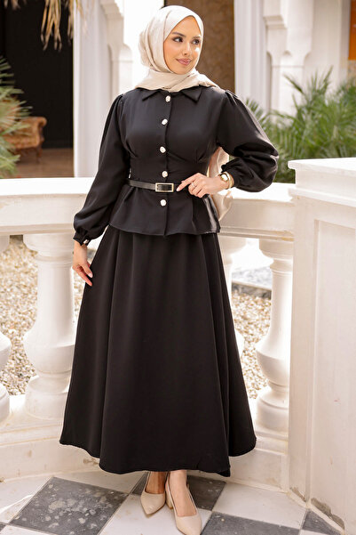 İmajButik Μαύρο Σετ Πουκάμισο και Φούστα με Ραφές στη Μέση και Λεπτομέρειες σ...