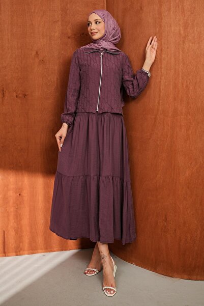 İmajButik Plum Zippered Jacket Skirt Layered Gilet Set