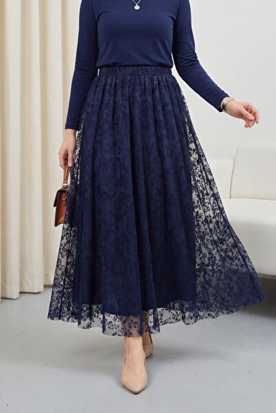 Modamorfo Ελαστική Φούστα από Τούλι με Στάμπα και Επένδυση - μπλε ναυτικό