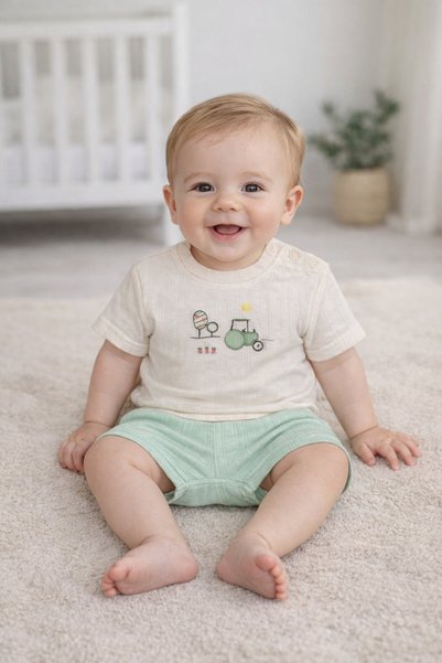 vieso Joyola 2-Piece Baby Set with Tractor Pattern, 100% Cotton