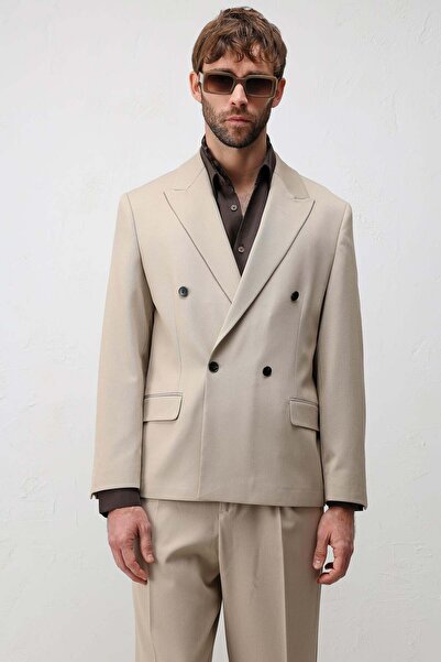 Antioch Bej Relax Fit Kruvaze Erkek Blazer Ceket