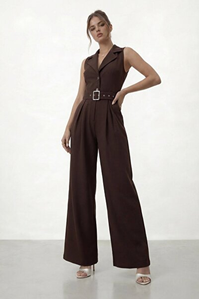 VAGGON بذلة واسعة الأرجل بياقة على شكل حرف V وأزرار وحزام