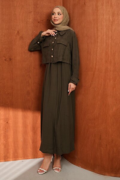 İmajButik Καφέ Σετ Φόρεμα-Σακάκι Διπλής Συνδυαστικής Σύνθεσης