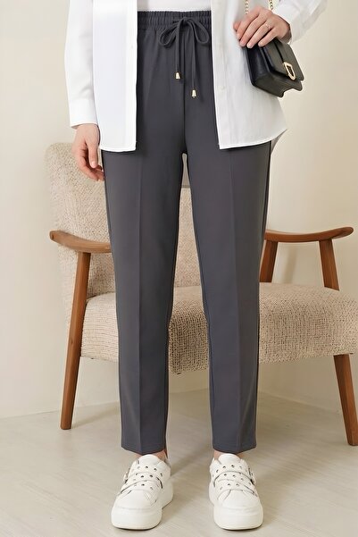 İmajButik Καπνιστό παντελόνι καρότο με ελαστικές τσέπες στη μέση