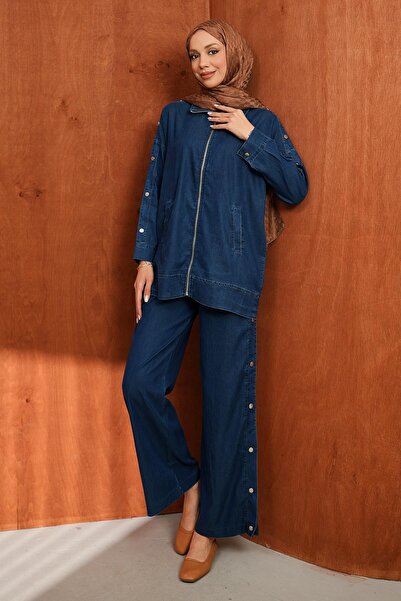 İmajButik Σετ τζιν από τένσελ με μπουφάν με φερμουάρ σε σκούρο μπλε χρώμα και...