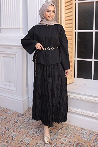 İmajButik Μαύρο πουκάμισο με λεπτομέρεια αλυσιδωτής ζώνης και φούστα κρας