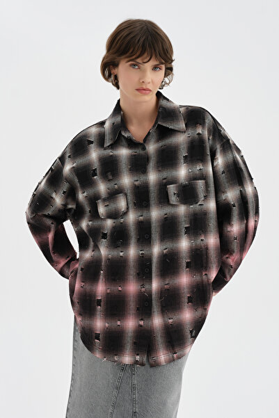 tw3 Γυναικείο καρό πουκάμισο με σχέδιο ντεγκραντέ και λεπτομέρειες σε στυλ σκ...