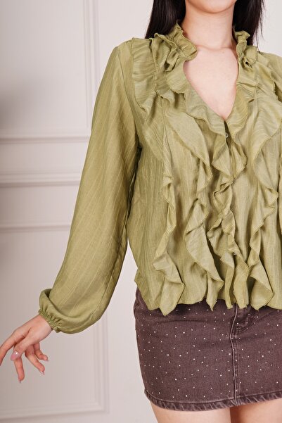 Hipo Trend Ruffle Detailed Long Sleeve Khaki Blouse