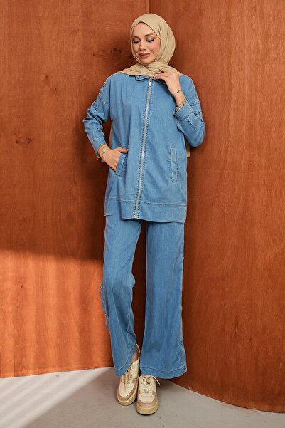 İmajButik Blue Zippered Jacket and Trousers Tencel Denim Set