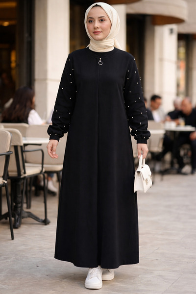 OKTAYUSTA COLLECTİON Μαύρο παλτό με λεπτομέρεια από πέτρα μαργαριταριού, κρυφ...