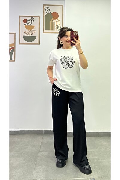 bydenizcollection طقم بدلة رياضية مكون من تي شيرت وبنطلون مع تطريز زهور على ا...