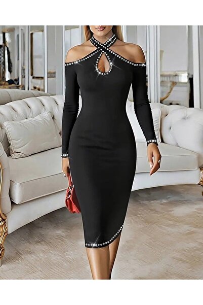 Wear Up Γυναικείο φόρεμα μίντι με λεπτομέρεια από πέτρα, με λαιμόκοψη και λεπ...