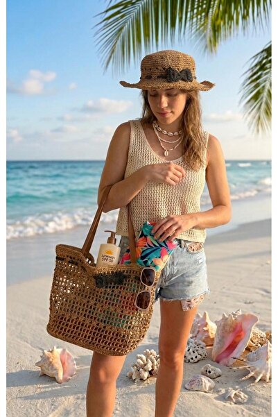 BELORAA el yapımı hasır plaj seti - fiyonklu hasır çanta ve örgü çanta seti -...