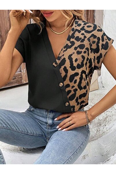 Wear Up Γυναικεία κοντομάνικη μπλούζα με λαιμόκοψη V, κουμπιά μπροστά και λεπ...