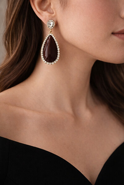 POYASE Brown Drop Stone Sparkling Earrings Gold Color Non-Tarnish Plated Styl...