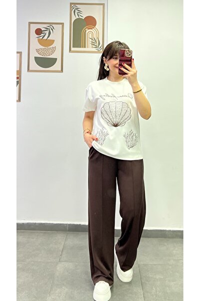 bydenizcollection طقم بدلة رياضية مطرزة بصدف البحر مع خصر مطاطي وخياطة على شك...