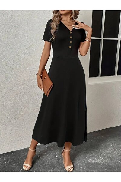 Wear Up فستان نسائي قصير الأكمام ورقبة على شكل حرف V وأزرار أمامية شق فستان م...