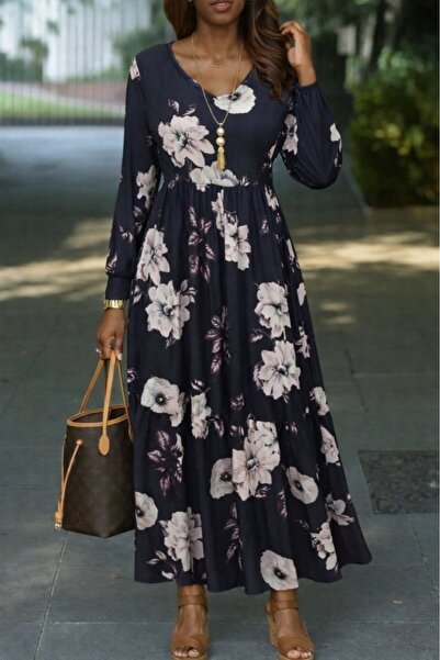 Wear Up Γυναικείο μακρυμάνικο φόρεμα με λουλουδάτο σχέδιο με λαιμόκοψη σε σχή...