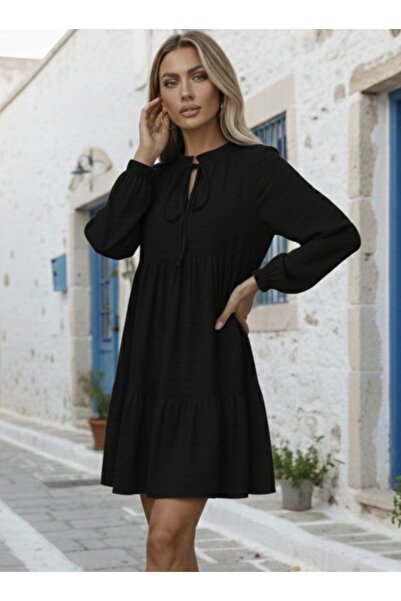 Wear Up Γυναικείο μίνι φόρεμα με μακρυμάνικο λινό με κορδόνια με βολάν