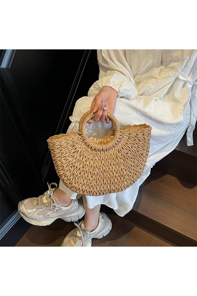 synshop Ψάθινη τσάντα χειρός Γυναικεία μοντέρνα τσάντα ώμου με στρογγυλή λαβή...