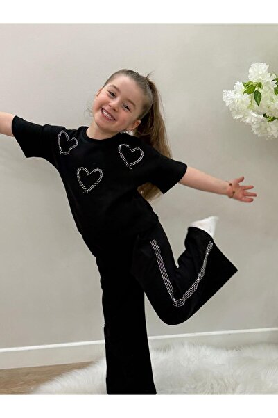 YİGİT BUTİK Set de îmbrăcăminte pentru fete cu model inimă cu pietre, bluză ș...