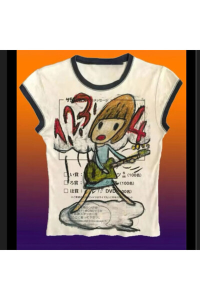 İsra Ayyıldız Moonstar Collection Ekru Guitarist Girl Y2K Kısa Kollu Crop