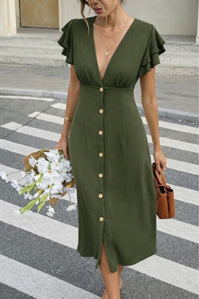 Wear Up Γυναικείο κοντομάνικο φόρεμα με λαιμόκοψη V Με κουμπιά μπροστά Bürümc...