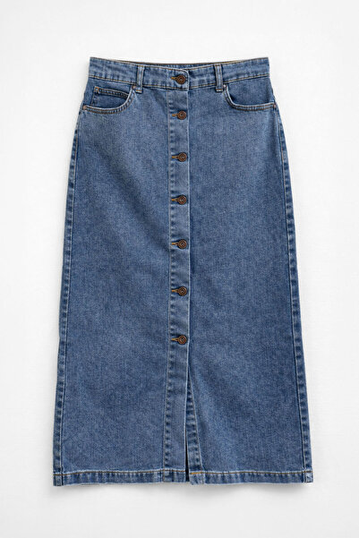 Bluewhite Μπλε τζιν φούστα με κουμπιά μπροστά και ψηλόμεσο σχέδιο