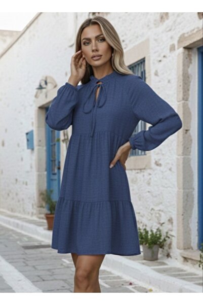 Wear Up Γυναικείο μίνι φόρεμα με μακρυμάνικο λινό με κορδόνια με βολάν