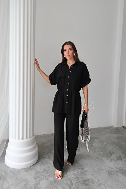 Wear Up Linen Waist Tie Detail Shirt - Pants Set - Black
