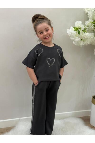 YİGİT BUTİK Set de îmbrăcăminte pentru fete cu model inimă cu pietre, bluză ș...