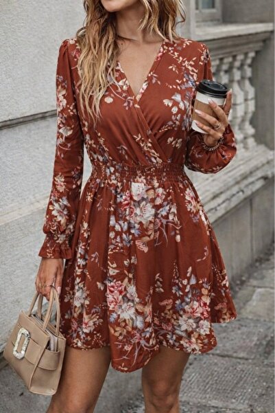 Wear Up Γυναικείο μακρυμάνικο φόρεμα διπλό πέτο με λουλουδάτο σχέδιο μίνι σου...