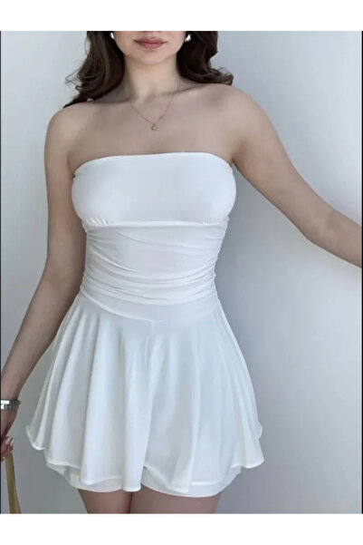 Wear Up Στράπλες Μίνι Φούστα με Σορτς, Κομψό Καλοκαιρινό Φόρεμα - Λευκό