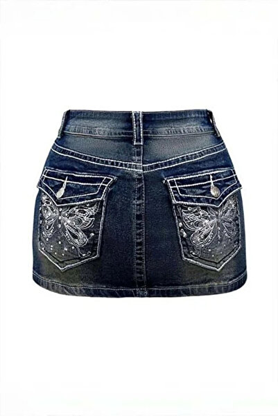 None Wear Mavi Butterfly Cep İşlemeli Y2K Mini Kot Etek