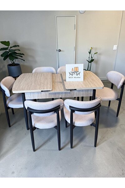 MSY HOME 6 Kişilik Krem Lina 80*130 Traverten Açılır Kelebek Masa Sandalye Se...