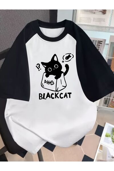 Massgai Μπλουζάκι Unisex Σχεδιασμός Black Cat Meow με στάμπα, χτενισμένο βαμβ...