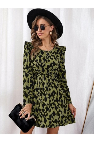 Iuliashop Rochie scurtă verde Marghita cu model negru - S