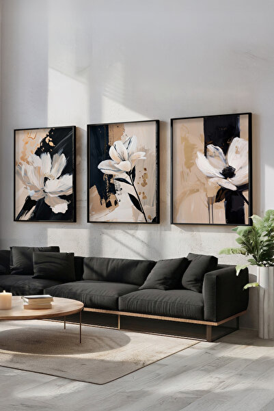 STARYUNA Σετ τριών πινάκων με αφηρημένο θέμα τα λουλούδια με μαύρο ξύλινο πλα...