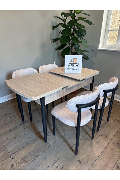 MSY HOME 4 Kişilik Krem Lina 80*130 Traverten Açılır Kelebek Masa Sandalye Se...