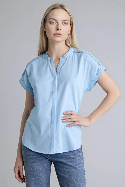 DeFacto H1357Axbe196 Blue Regular Fit Crew Neck Flared Cotton Short Sleeve Shirt