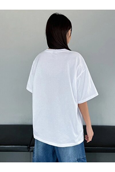 DEEPSENCE Kadın Beyaz Oversize t-shirt 3köpek