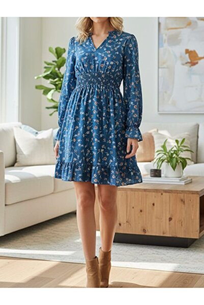 Iuliashop Rochie scurtă albastră Eriana cu imprimeu floral bej - XL