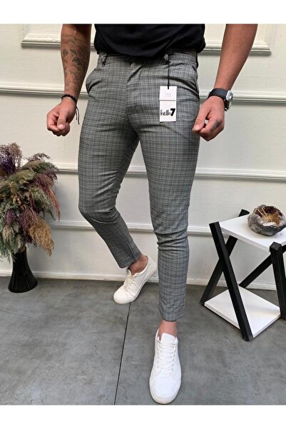 MODAMESTO Men's Smoked Slim Fit Patterned Fabric Trousers