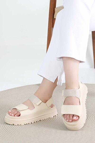TOFİSA Γυναικεία Μπεζ Σανδάλια με Velcro - 27419