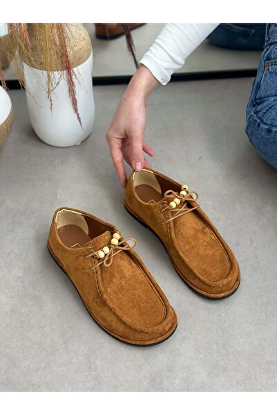ERVANIN BUTİĞİ Tan Suede (Rody) Bead Detail Women's Casual Shoes