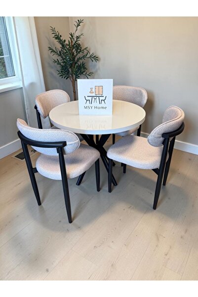 MSY HOME 4 Kişilik Vela 90*90 Beyaz Yuvarlak Sabit Masa Krem Sandalye Seti (M...