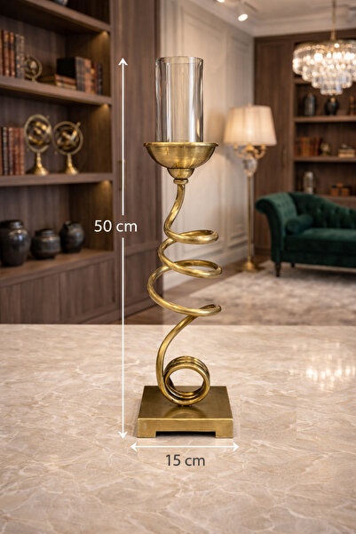 WuuQ Gold Spiral Dekoratif Şamdan Cam Hazneli Büyük Boy Metal Mumluk Lüks Tas...