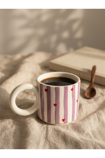 Love Bundles Heart Patterned Striped Ceramic Mug with Handle 240 ml