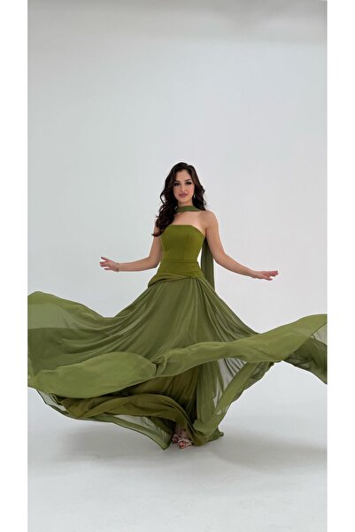 ayşenur Dinçer butik Luna Fularlı Şifon Abiye Yeşil
